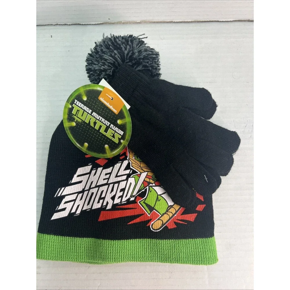 TMNT Shell Shocked Boys Beanie Hat & Gloves Black‎ Pom Pom NEW